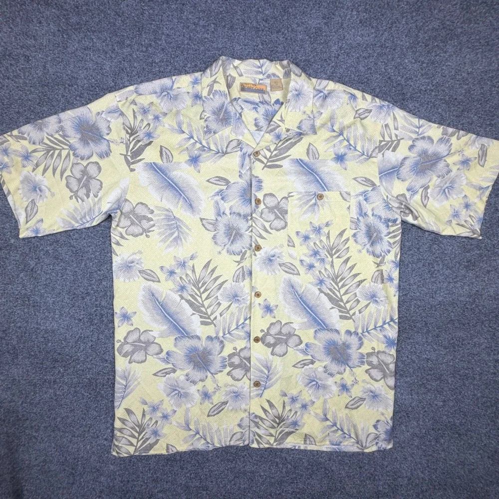 Bobby Chan Mens XL 100% Silk Floral Jacquard Short Sleeve Camp Shirt Yellow Blue